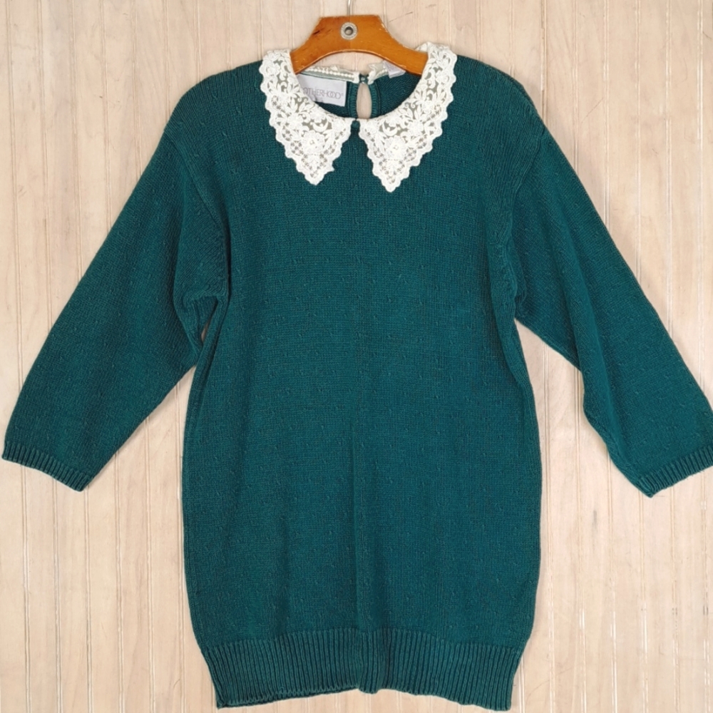 Motherhood Maternity Teal Knit Sweater w/ Lace Peter Pan Collar Vintage Inspired